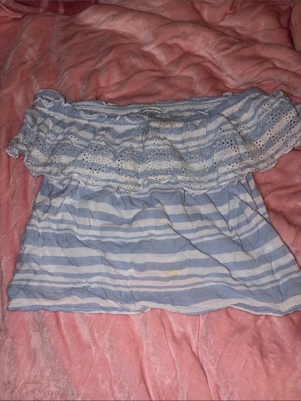 American Eagle Outfitters Blue and White Striped Off-Shoulder Crop Top